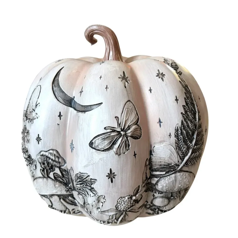 Pink Celestial Etched Halloween Pumpkin 10in Fall Butterfly Fern Forest NEW